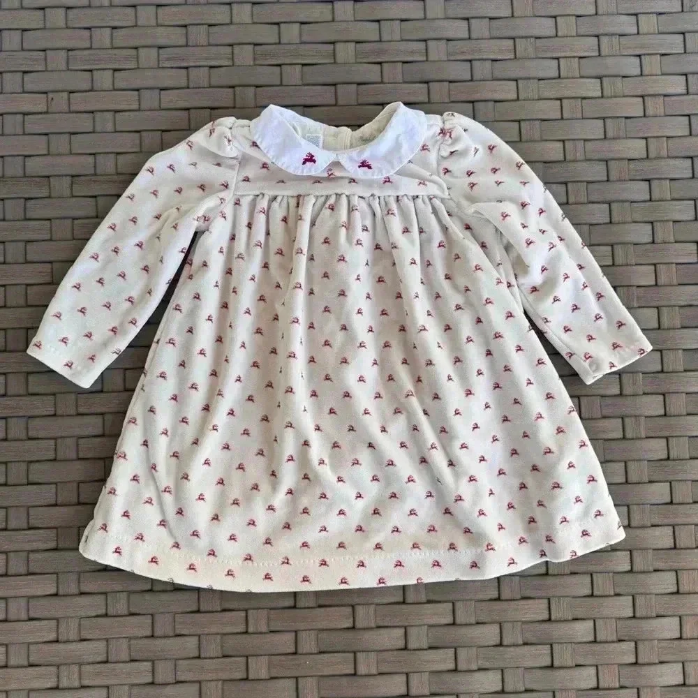 Ralph Lauren Baby Girl Reindeer-Print Velour Long Sleeve A-Line Dress Size 12M